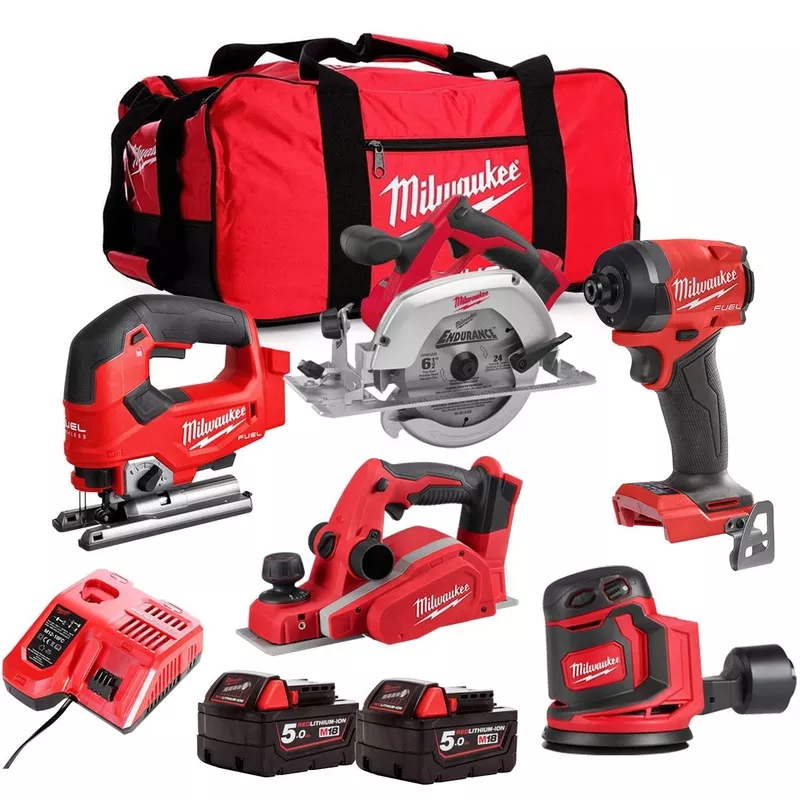 Milwaukee M18PP5C-503B 18V FUEL Woodworking 5 Piece Kit with 2 x 5.0Ah Batteries & Charger 4933480469